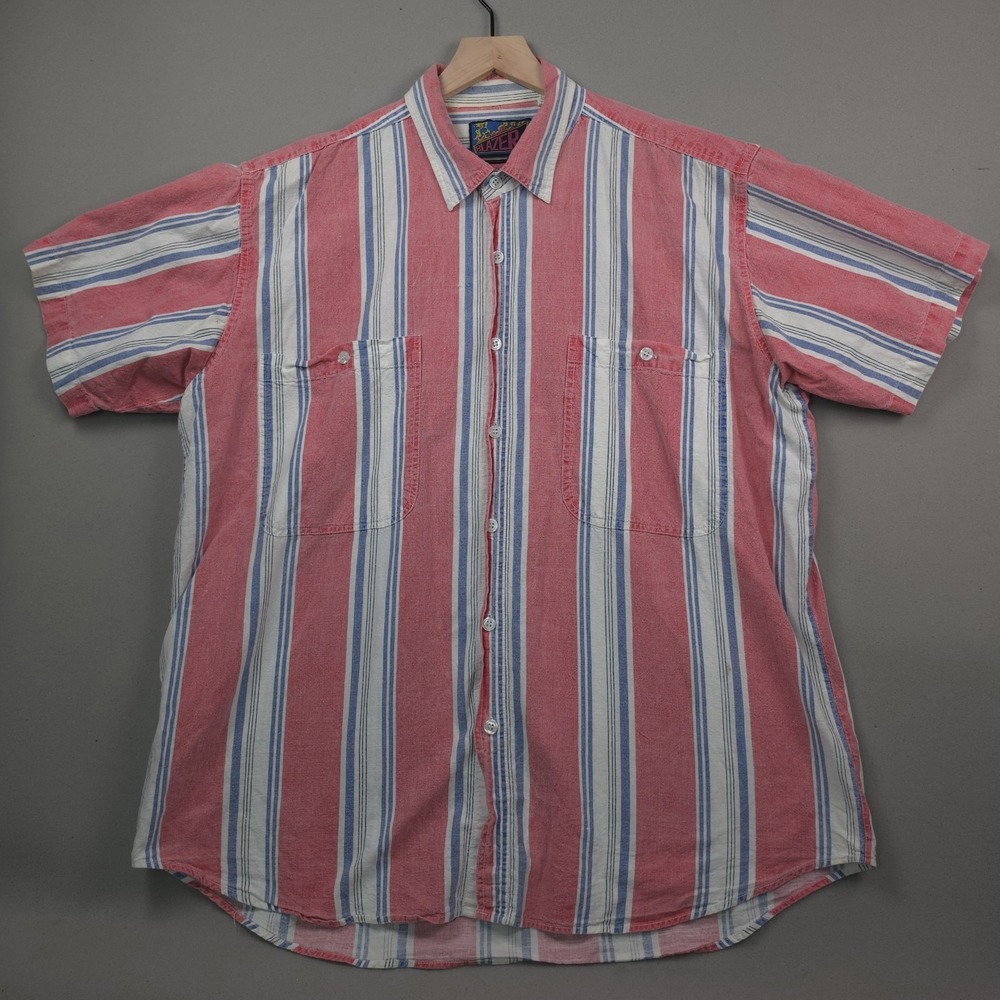 Vintage 90s Blazer Striped Short Sleeve Button Up Shirt Men 1X XL Pink Blue Rave - Picture 1 of 11